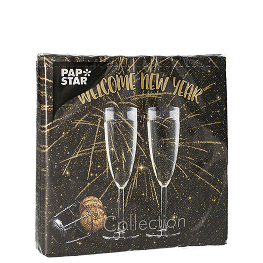 Papstar Servietten, 3-lagig 1/4-Falz 25 cm x 25 cm "Welcome New Year"