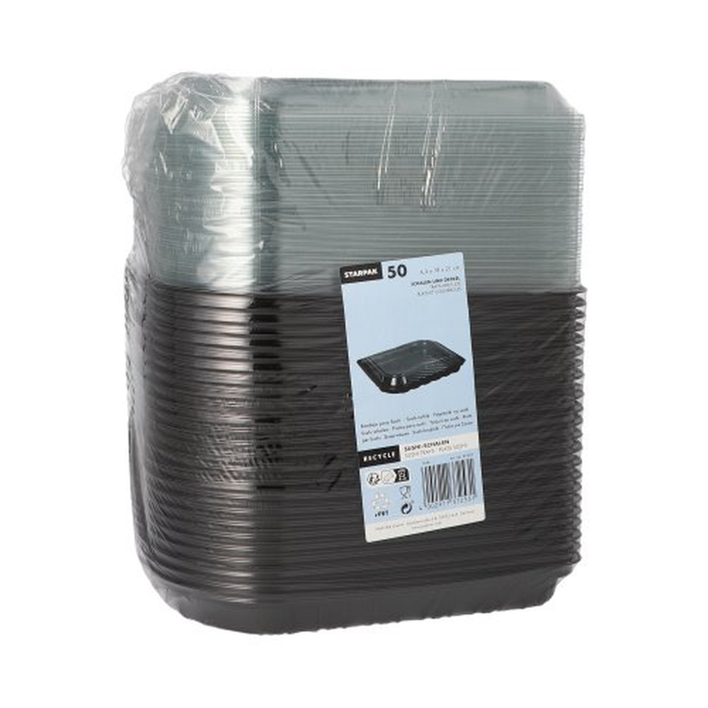 PAPSTAR Sushi-Schalen R-PET rechteckig 21 cm x 18 cm x 4,3 cm schwarz mit tra