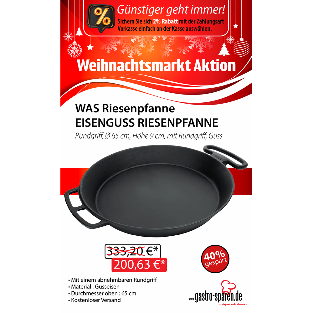 WAS Riesenpfanne EISENGUSS RIESENPFANNE, Ø 65 cm, Höhe 9 cm, mit Rundgriff, Guss