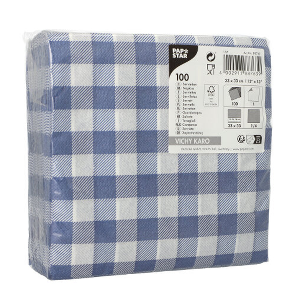 Papstar Servietten, 1-lagig 1/4-Falz 33 cm x 33 cm blau/weiss "Vichy Karo"