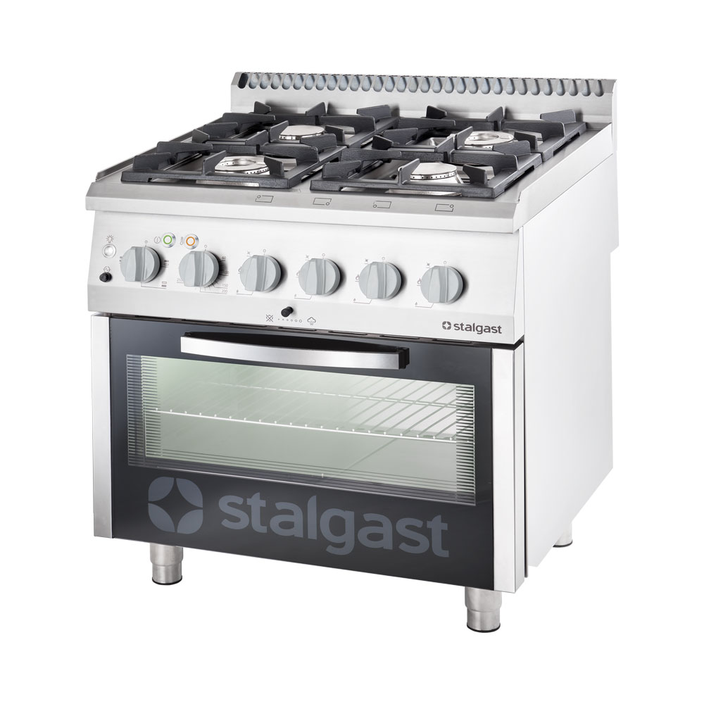 Stalgast Gasherd mit 4 Brennern (3,5+5+2x7) und Elektro-Backofen GN2/1, Serie 70