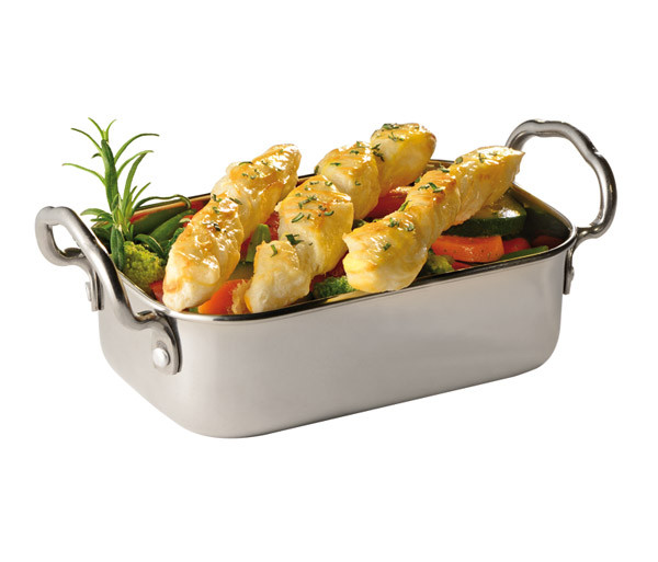 APS Mini-Servierpfanne 14,5 x 9,5 cm, H: 4,5 / 6,5 cm, Edelstahl, Griffe je 1,5 