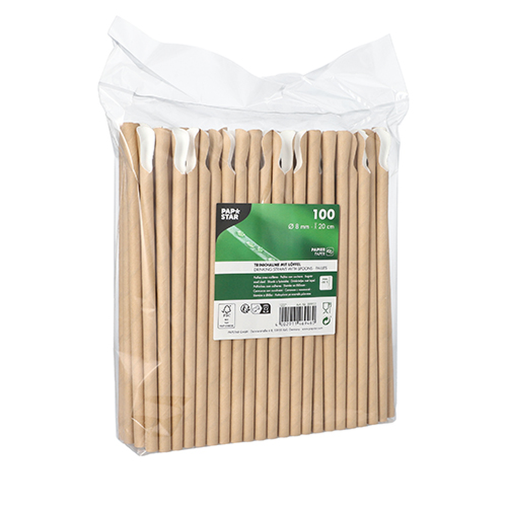 Papstar Trinkhalme mit Löffel, Papier Ø 8 mm · 20 cm braun