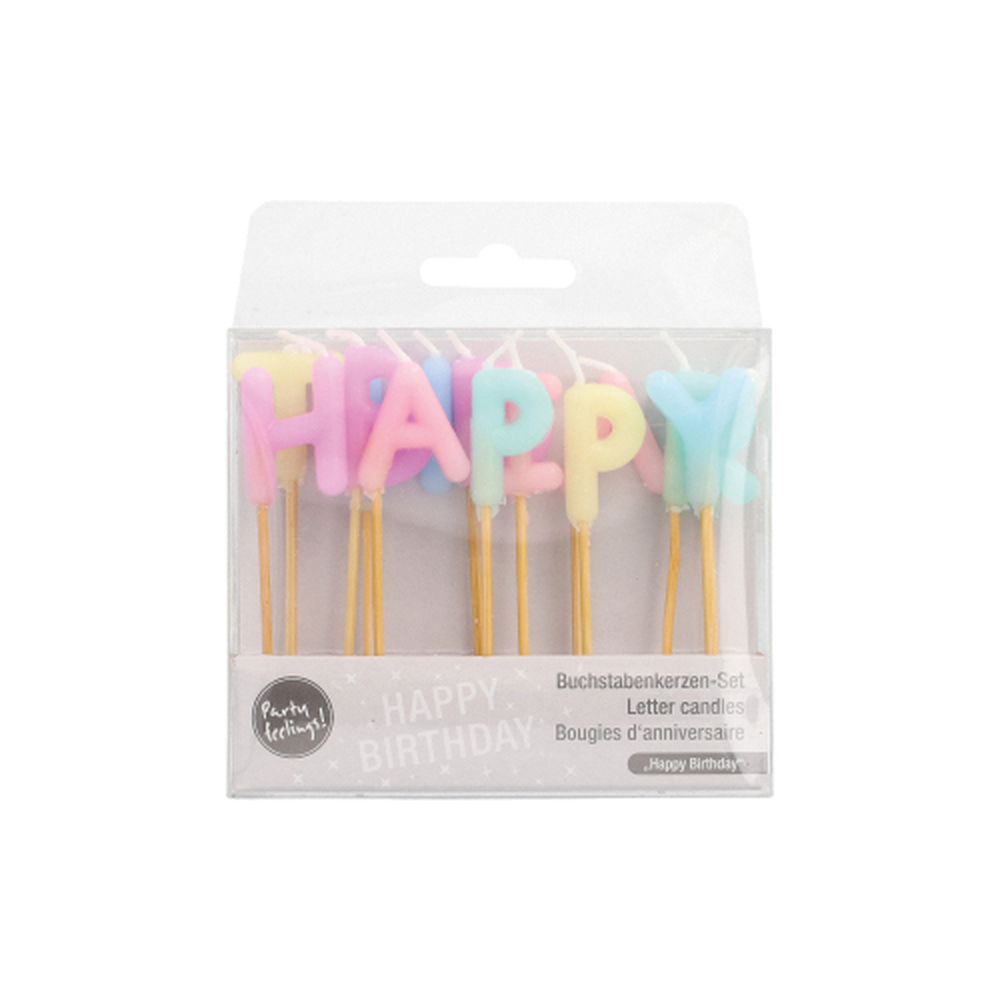 Papstar Buchstabenkerzen-Set pastell 8 cm "Happy Birthday"