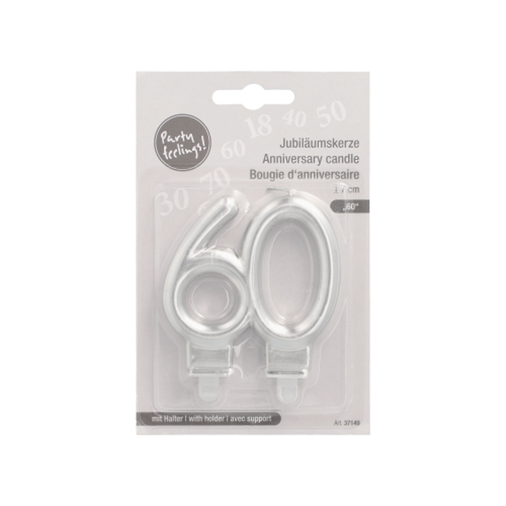 Papstar Jubiläumskerzen mit Halter 7 cm silber "60"
