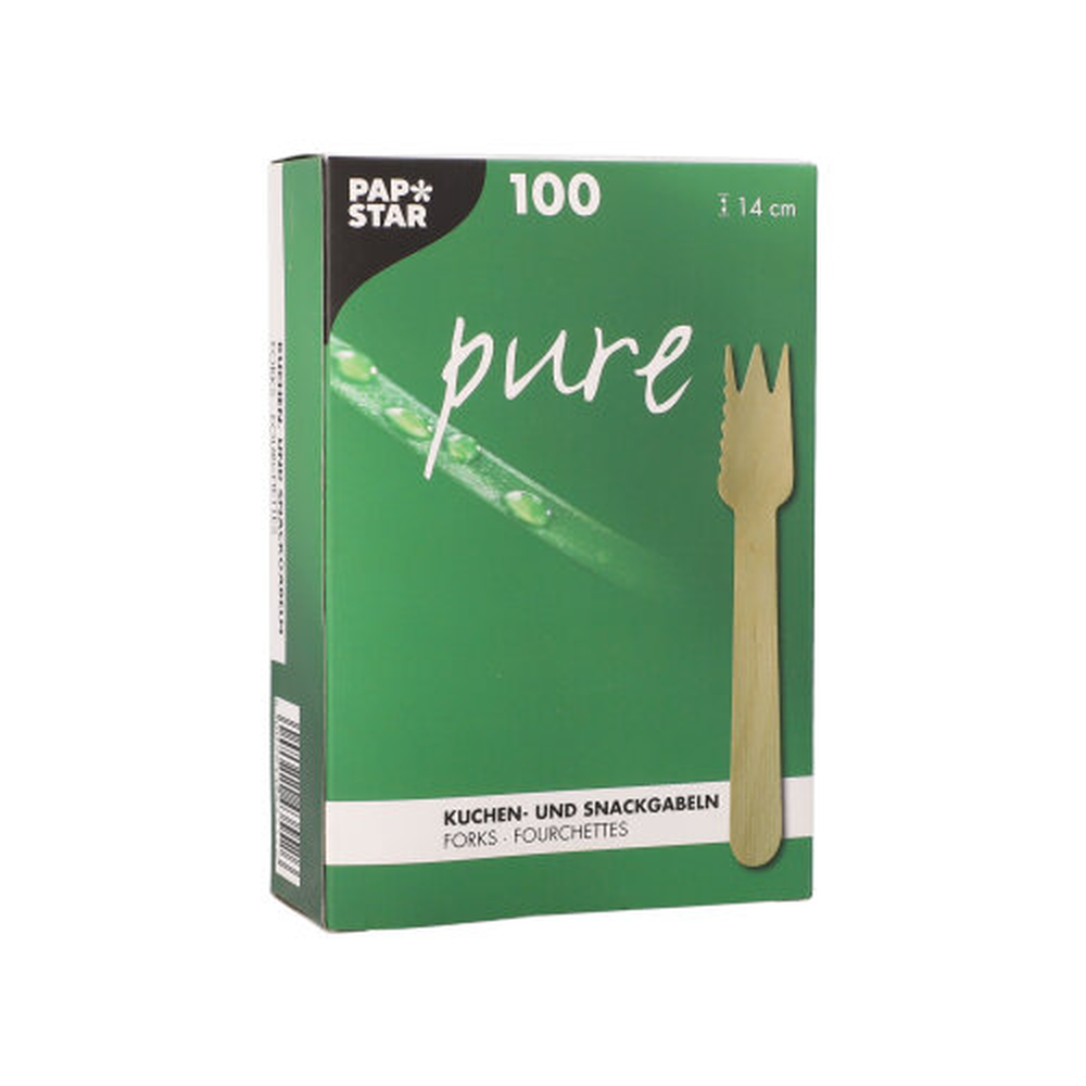 Papstar Kuchen- und Snackgabeln, Holz "pure" 14 cm mit einseitig gezacktem Rand