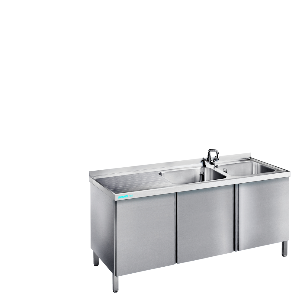 Chromonorm Spültisch mit 2 Becken rechts und Flügeltüren - 1600x700x850/900 mm