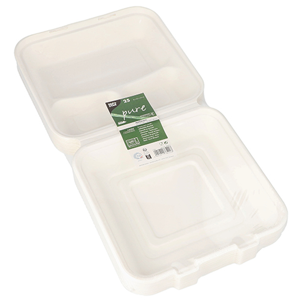 Papstar Menüboxen, Zuckerrohr "pure" 3-geteilt 8 cm x 24 cm x 24 cm weiss