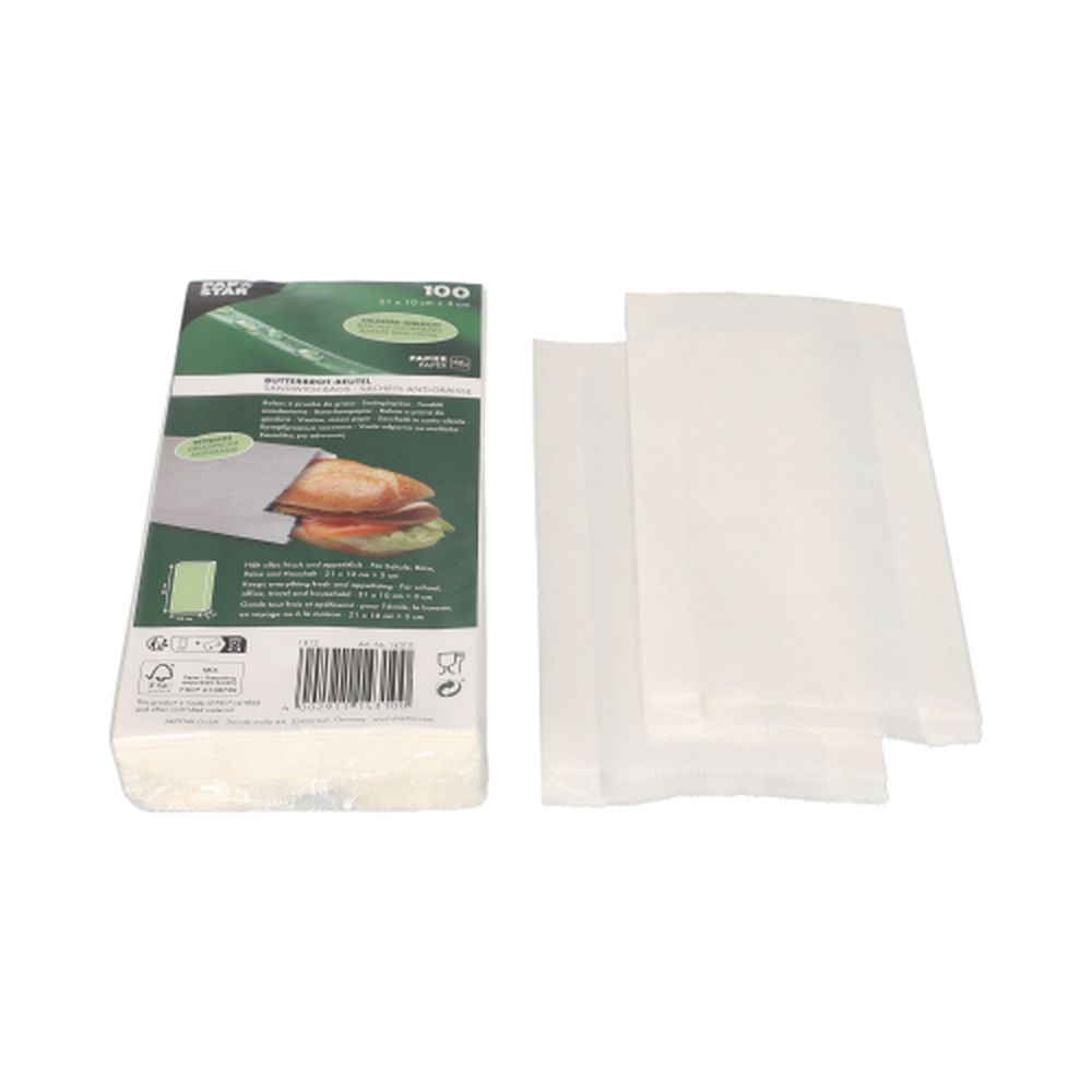 Papstar Butterbrotbeutel 21 cm x 10 cm x 3 cm weiss , fettdicht