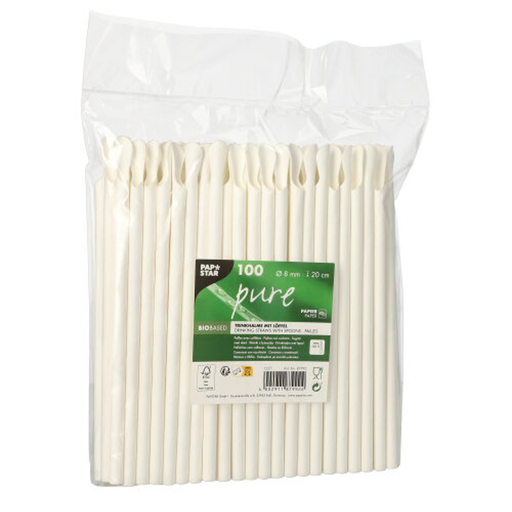 Papstar Trinkhalme mit Löffel, Papier "pure" Ø 8 mm · 20 cm weiss
