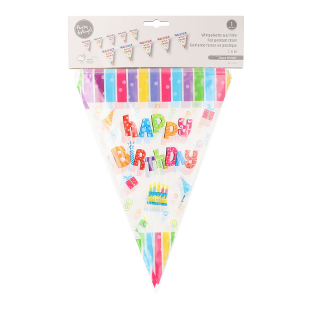 Papstar Wimpelkette, Folie 4 m "Happy Birthday" wetterfest