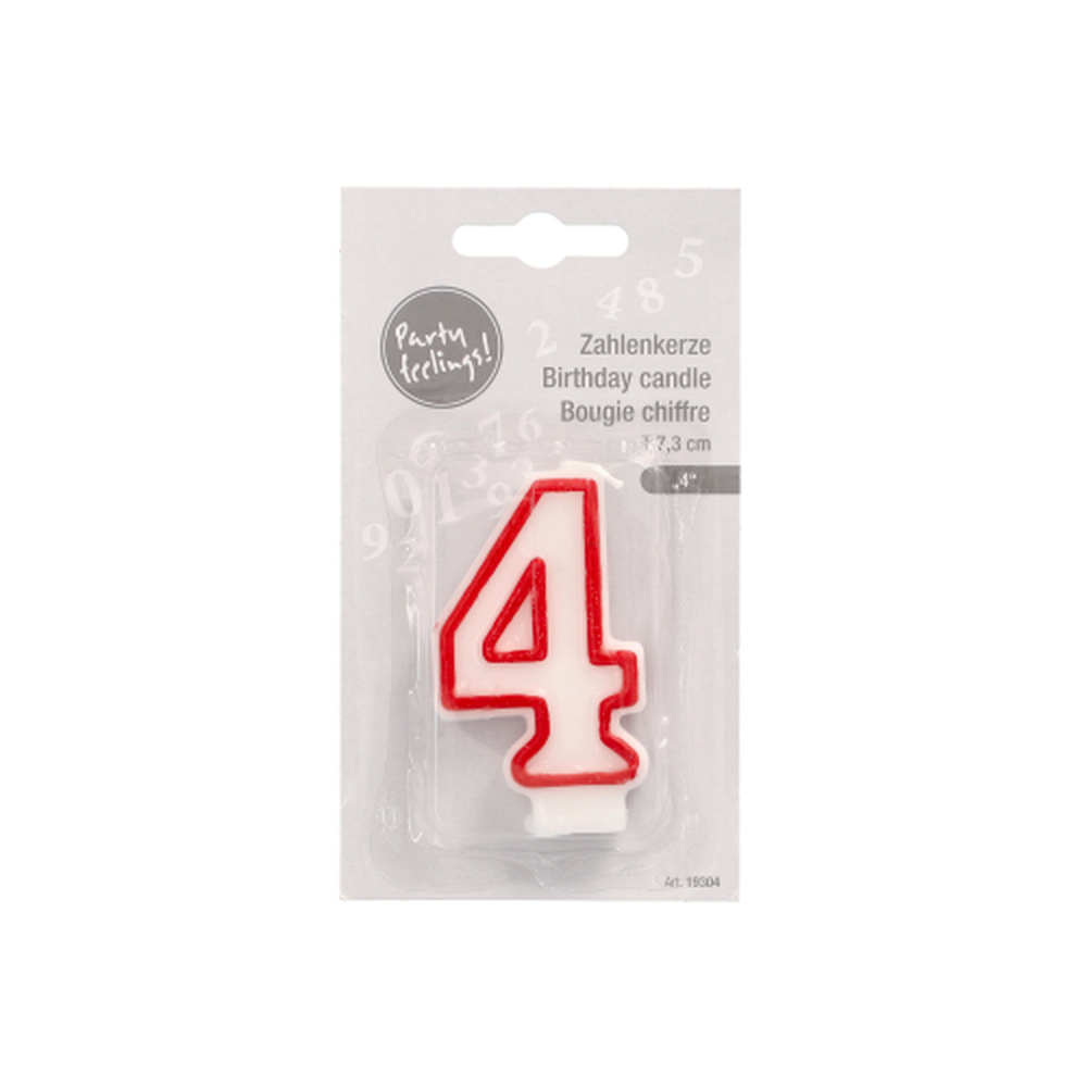 Papstar Zahlenkerze 7,3 cm weiss "4" mit rotem Rand