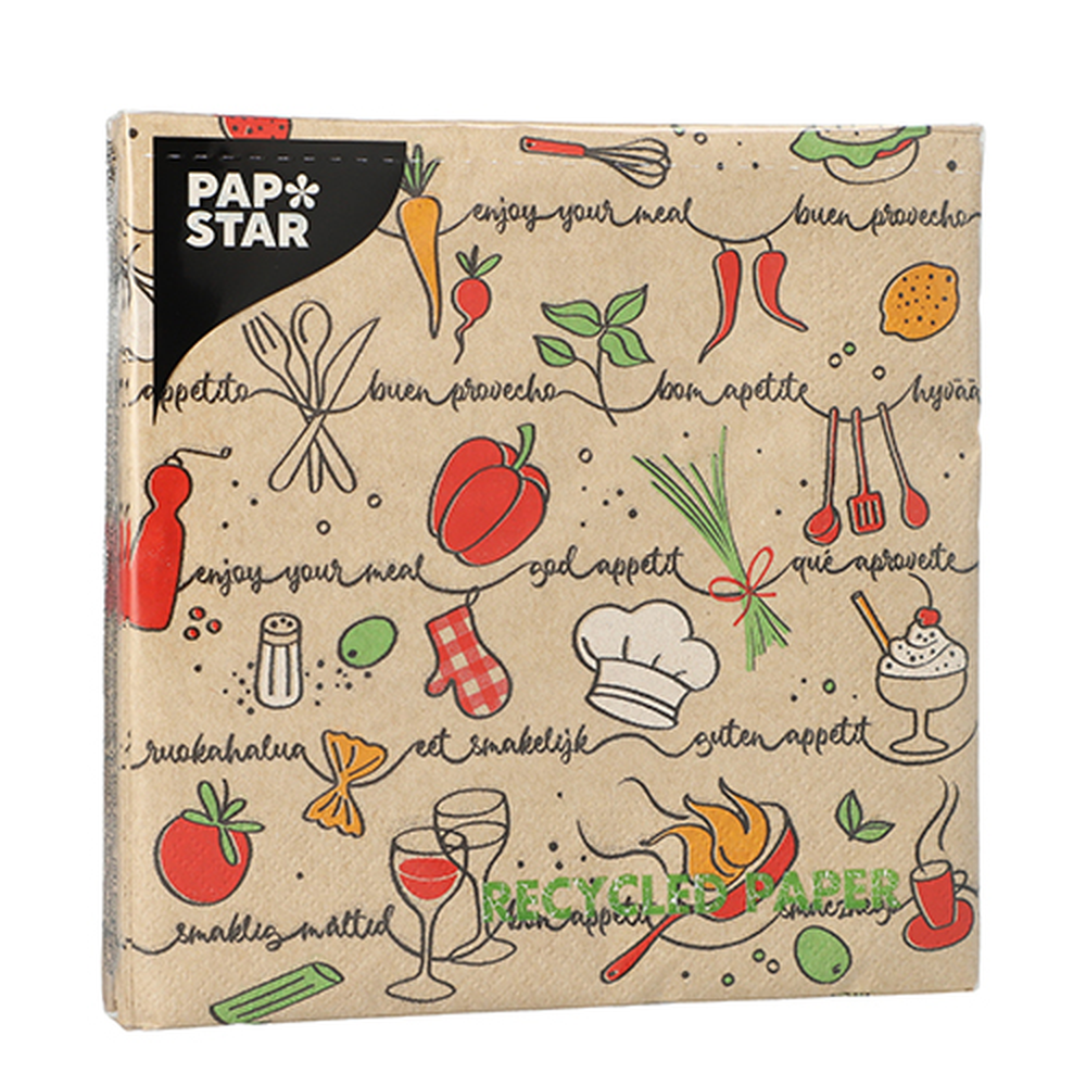 PAPSTAR Servietten, 3-lagig 1/4-Falz 33 cm x 33 cm natur Enjoy your meal au