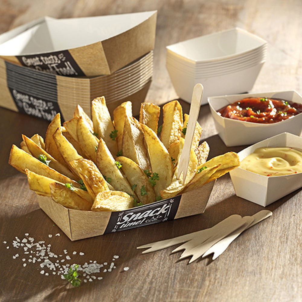 Papstar Saucentrays, Pappe "pure" 3,5 cm x 3 cm x 7 cm weiss "Good Food"