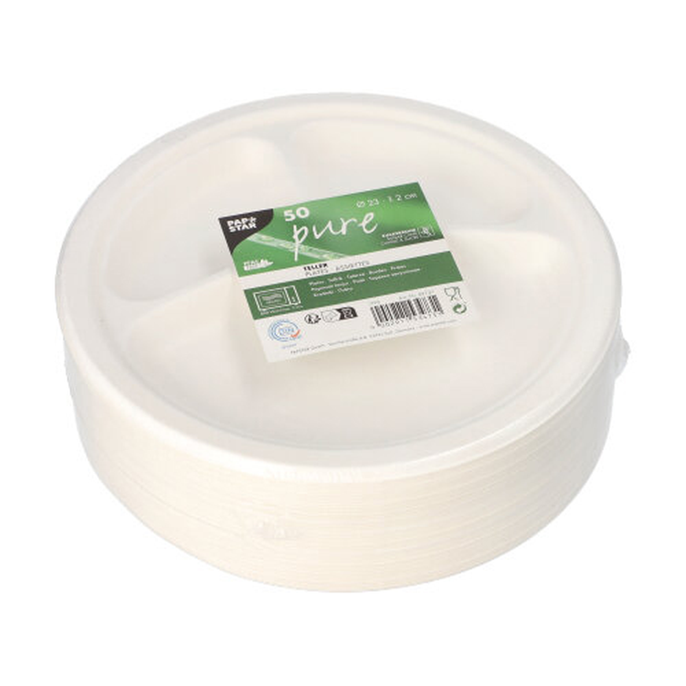 Papstar Teller, Zuckerrohr "pure" 3-geteilt Ø 23 cm · 2 cm weiss