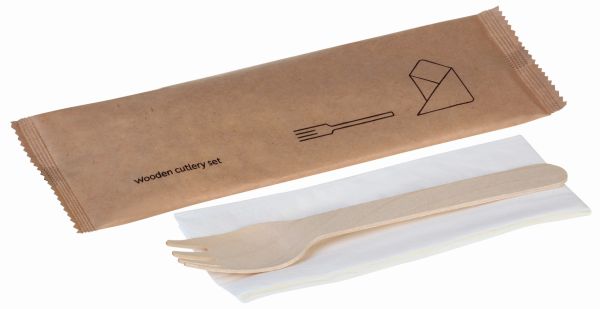 Pacovis Gabel Holz, mit Serviette, einzeln verpackt, naturesse