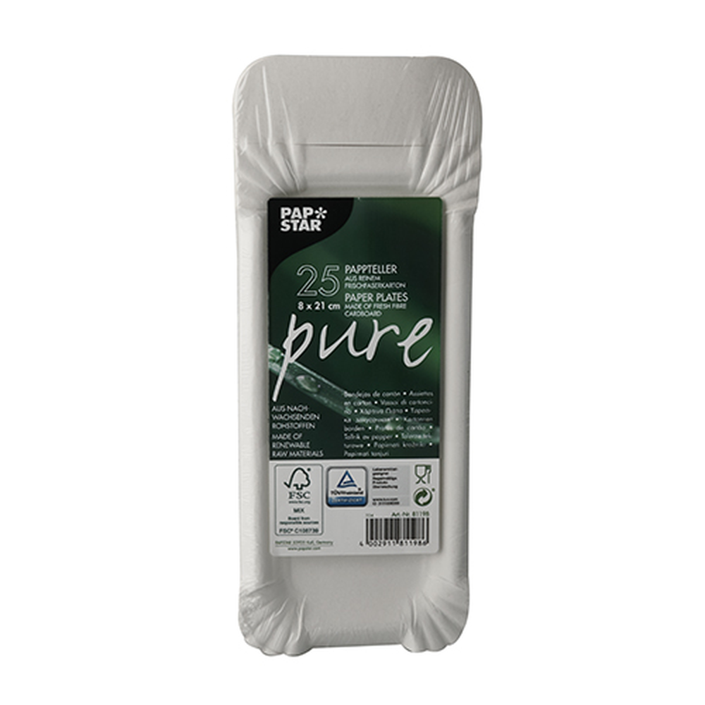 Papstar Teller, Pappe "pure" eckig 8 cm x 21 cm weiss mit Anfasser