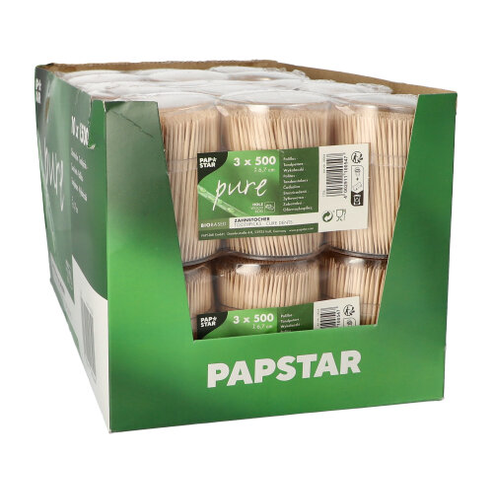 Papstar Zahnstocher, Holz "pure" rund 6,7 cm im Spender