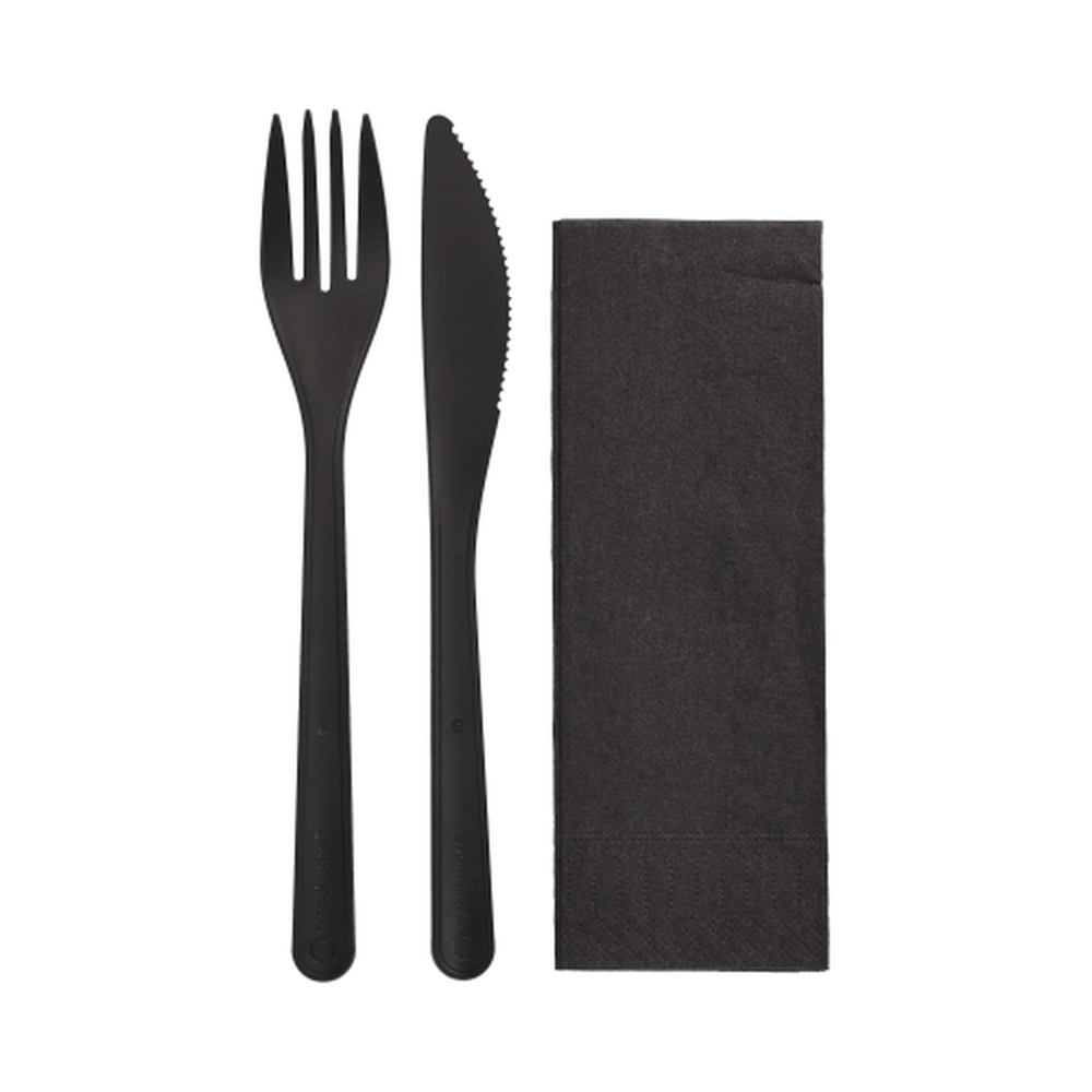 PAPSTAR Mehrweg-Bestecksets PP-MF 22 cm schwarz : Messer, Gabel, Serviette in