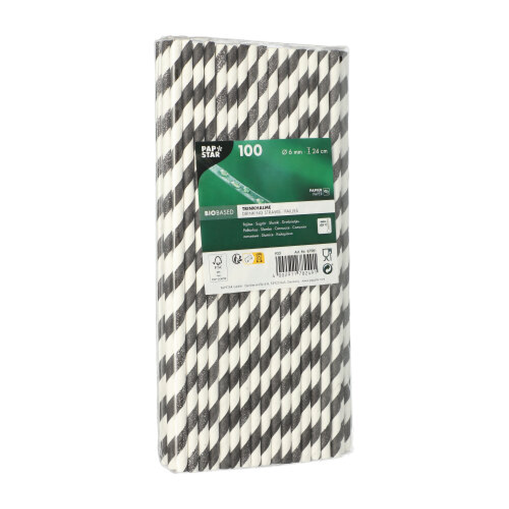 Papstar Trinkhalme, Papier Ø 6 mm · 24 cm schwarz/weiss "Stripes"
