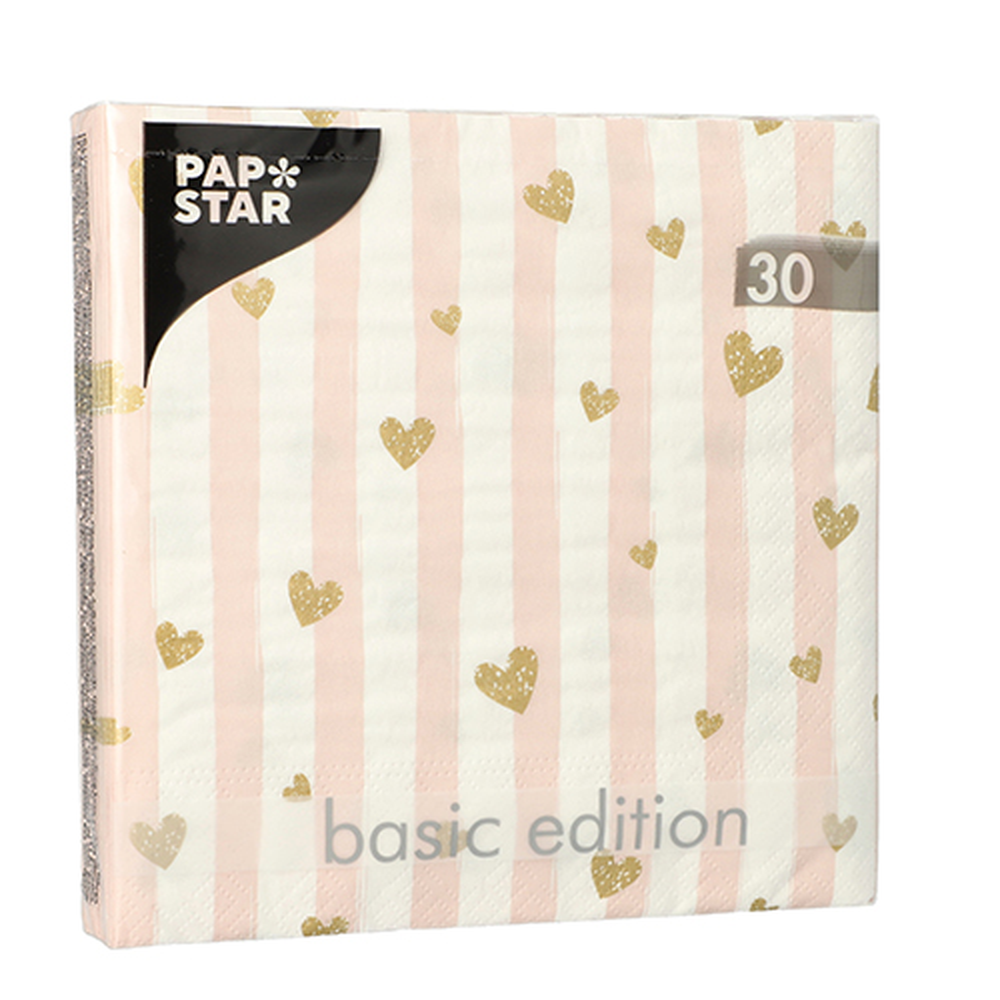 Papstar Servietten, 3-lagig 1/4-Falz 33 cm x 33 cm pink "Golden Hearts"