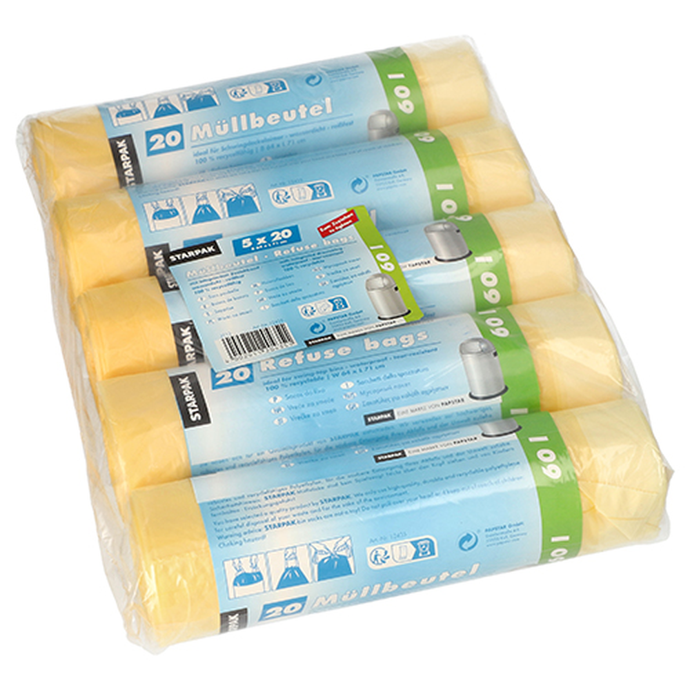 Papstar Müllsäcke mit Zugband, HDPE 60 l 71 cm x 64 cm gelb