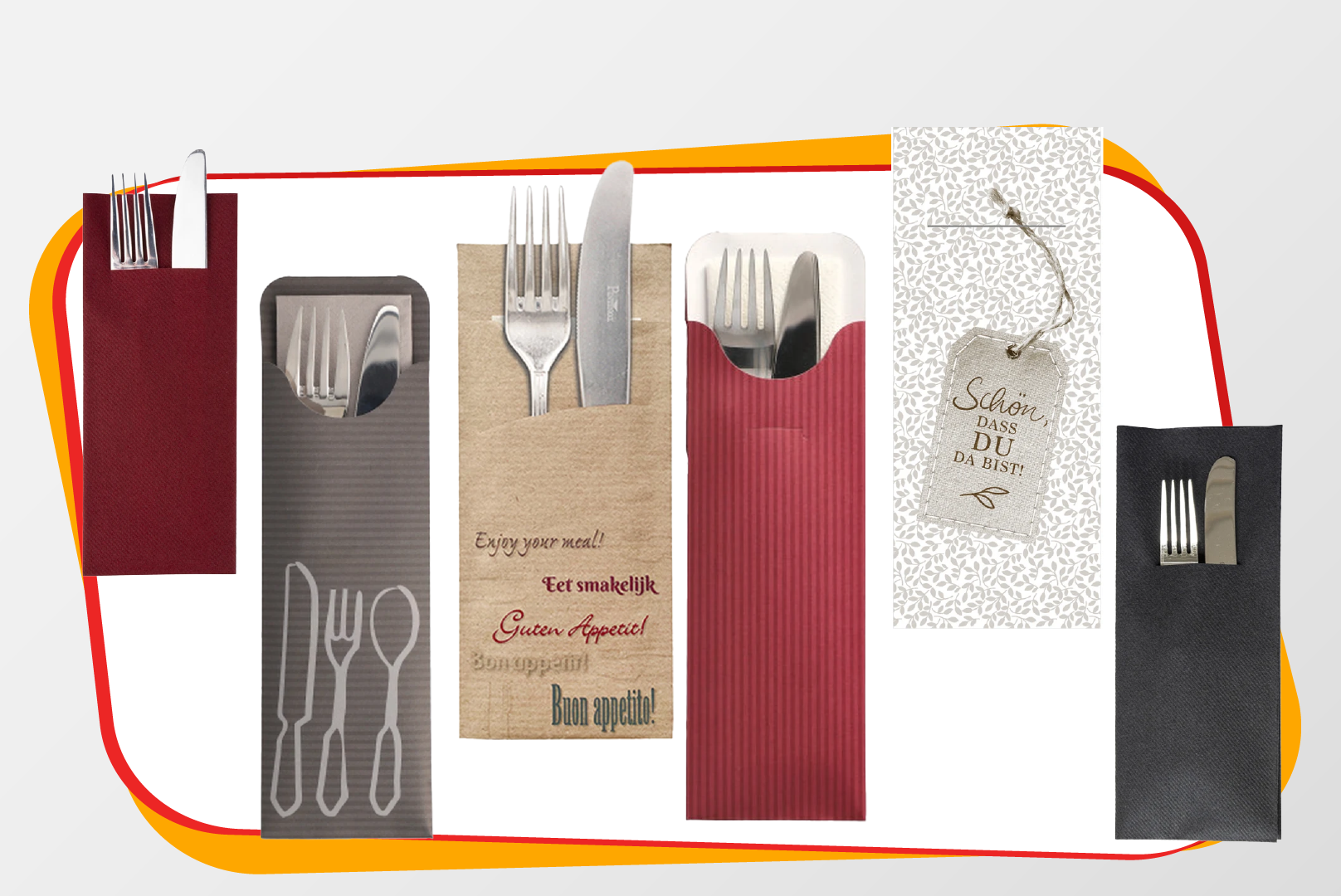 Einweg-Silverware, Besteckset, Gummierte Papptasche, Millisur Papierverpackung, Tischbesteck-Set