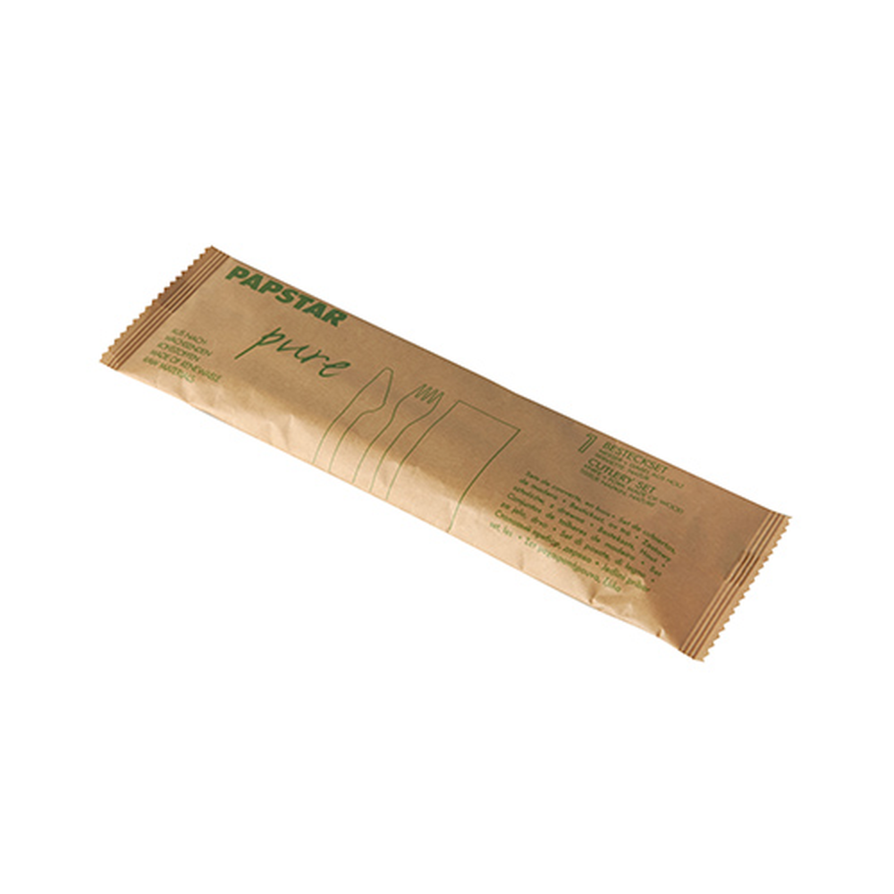 Papstar Besteckset, Holz "pure" : Messer, Gabel, Serviette in Papierbeutel