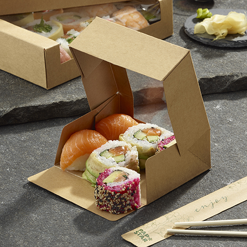 Papstar Sushi-Schalen, Pappe eckig 4,5 cm x 12 cm x 10 cm braun