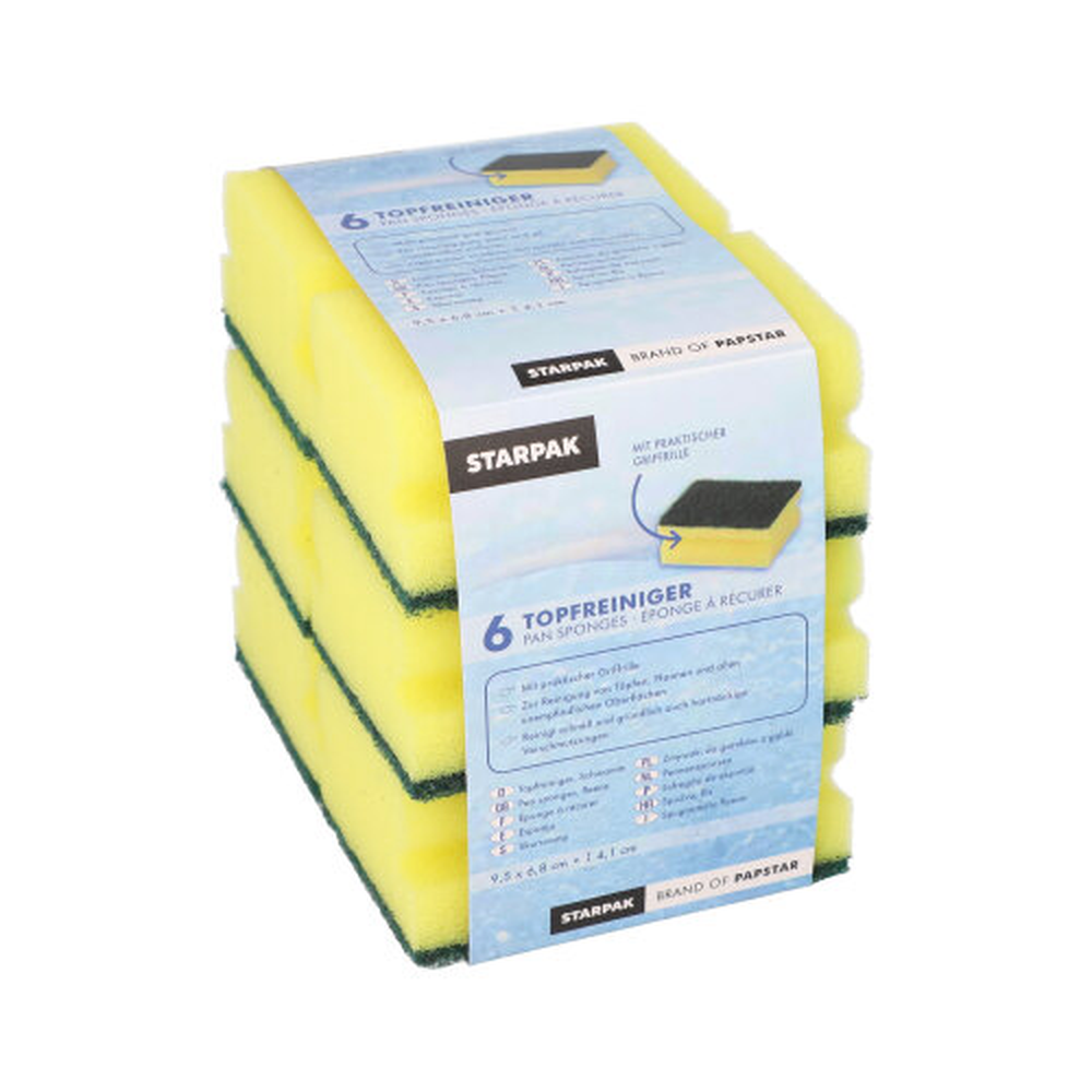 PAPSTAR Topfreiniger, Schwamm eckig 4,1 cm x 9,5 cm x 6,8 cm gelb/grün mit Gri