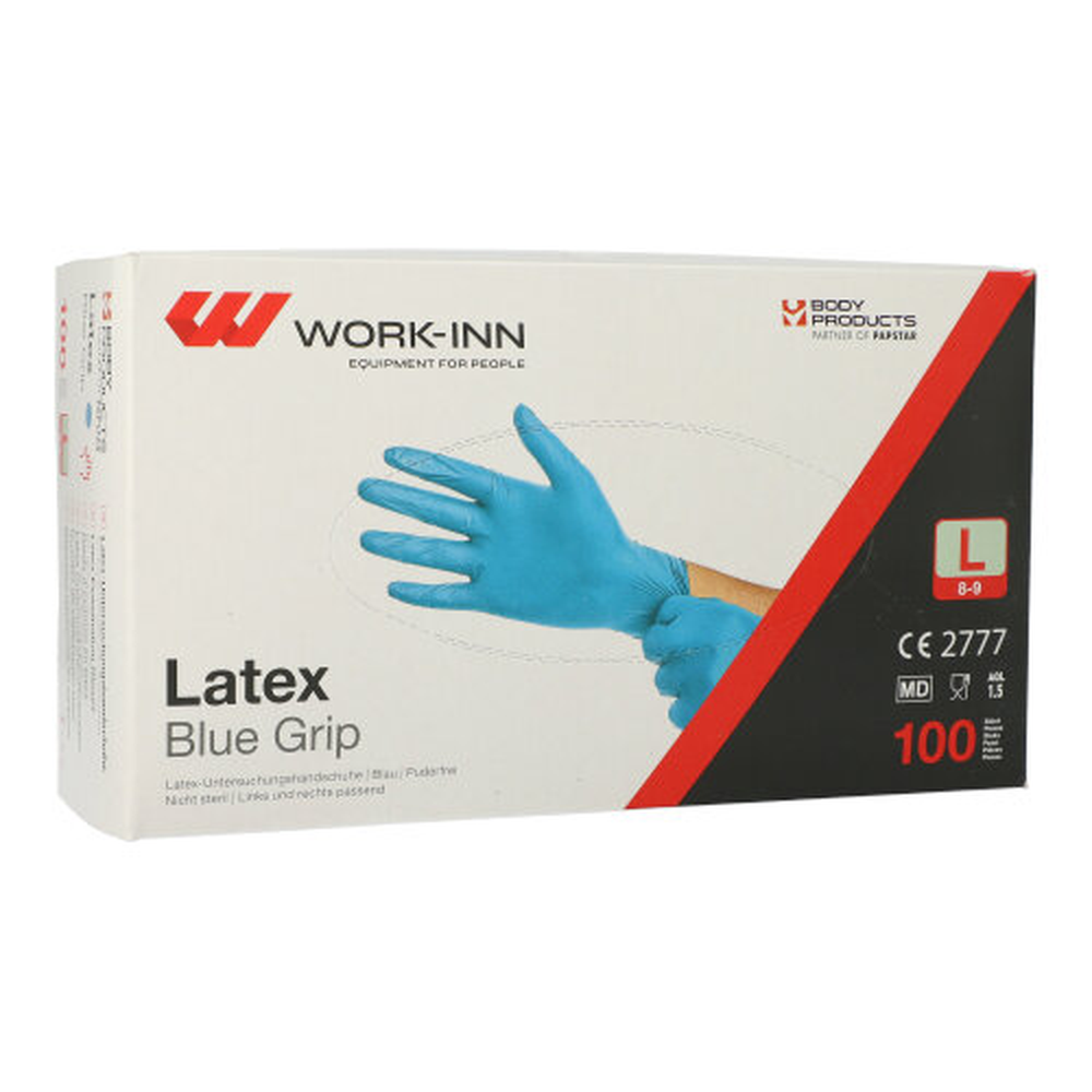 Papstar "WORK-INN" Handschuhe, Latex puderfrei blau "Blue Grip" Größe: L