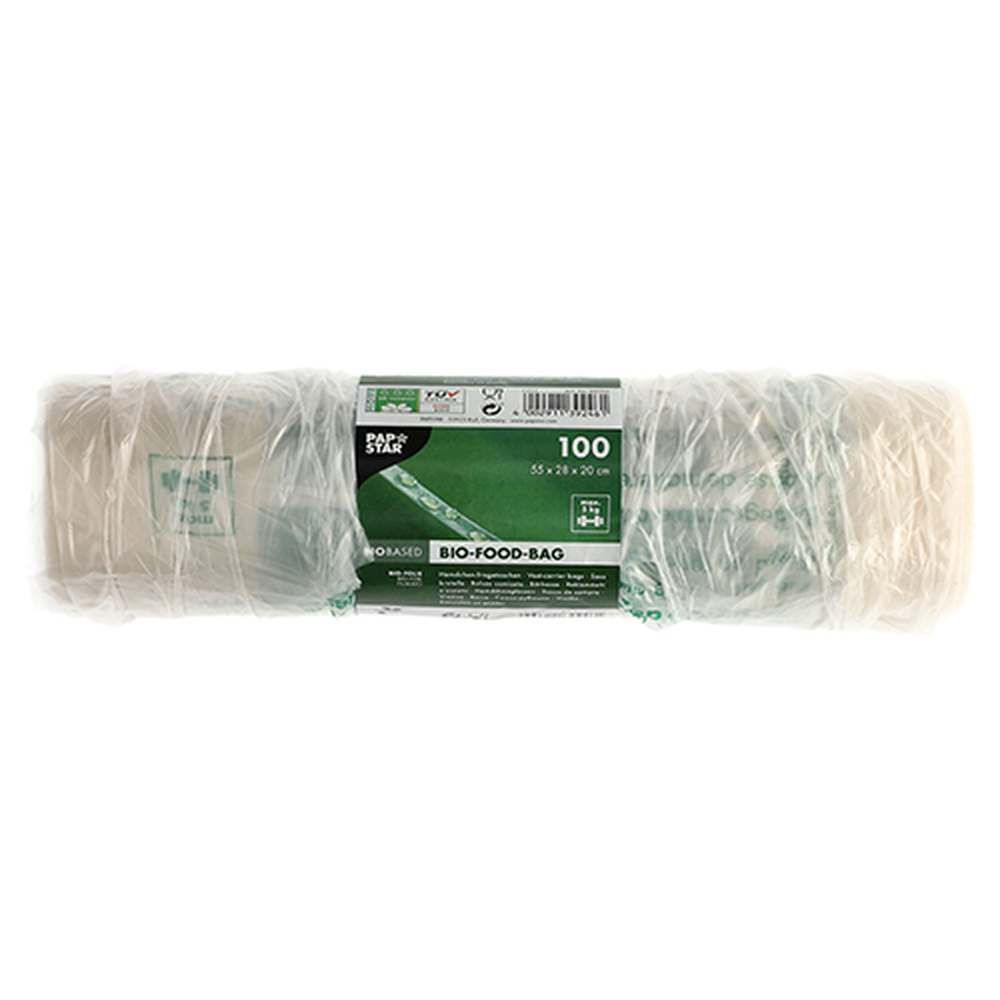 PAPSTAR Hemdchen-Tragetaschen, Bio-Folie 55 cm x 28 cm x 20 cm transparent K