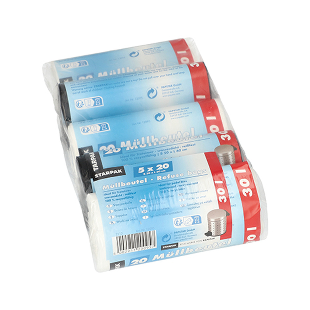 Papstar Müllbeutel, HDPE 30 l 60 cm x 50 cm farbig sortiert