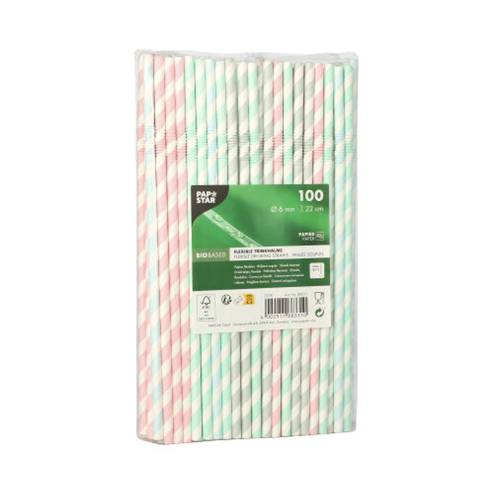 Papstar Trinkhalme, Papier Ø 6 mm · 22 cm farbig sortiert "Stripes" flexibel