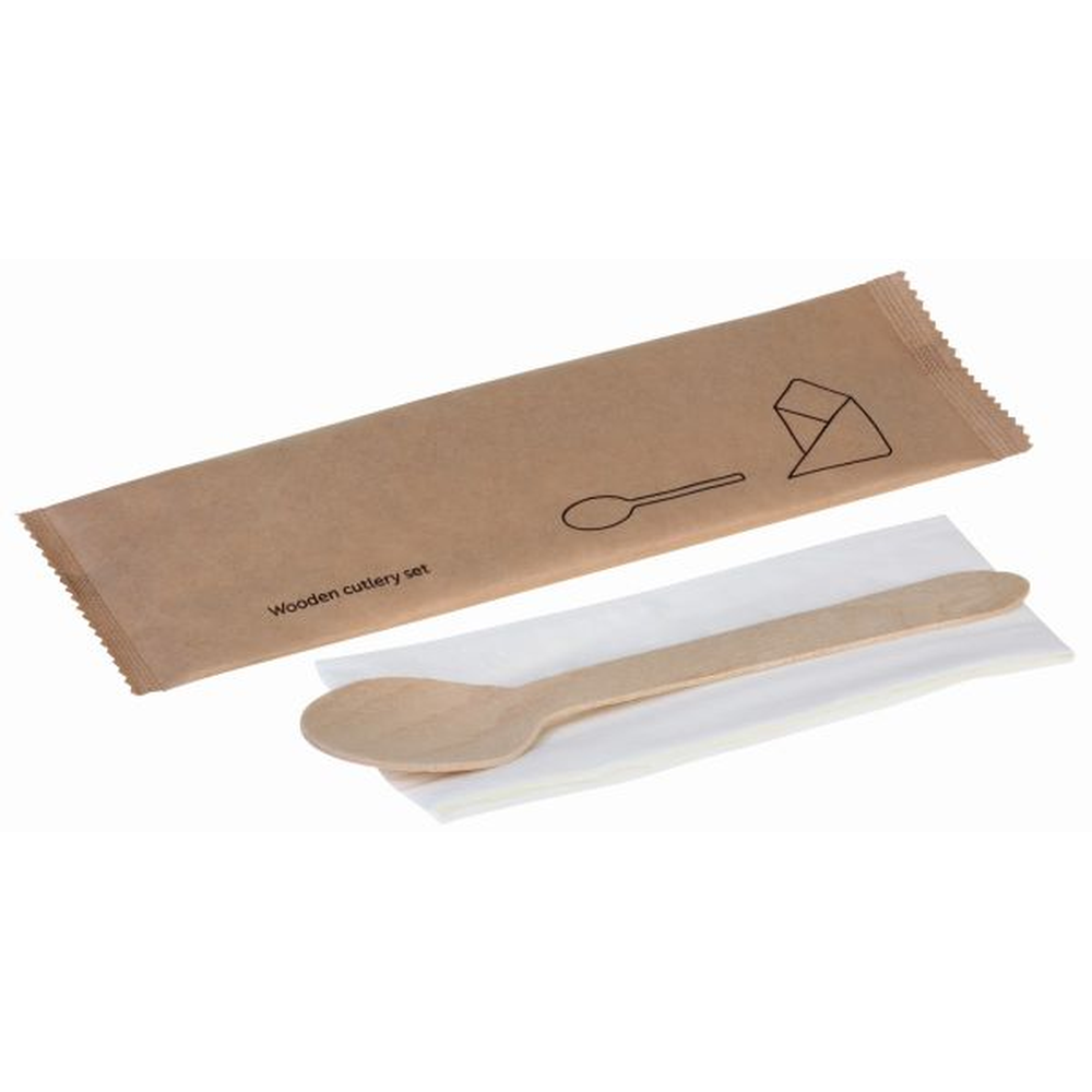 Pacovis Löffel Holz, mit Serviette, einzeln verpackt, naturess