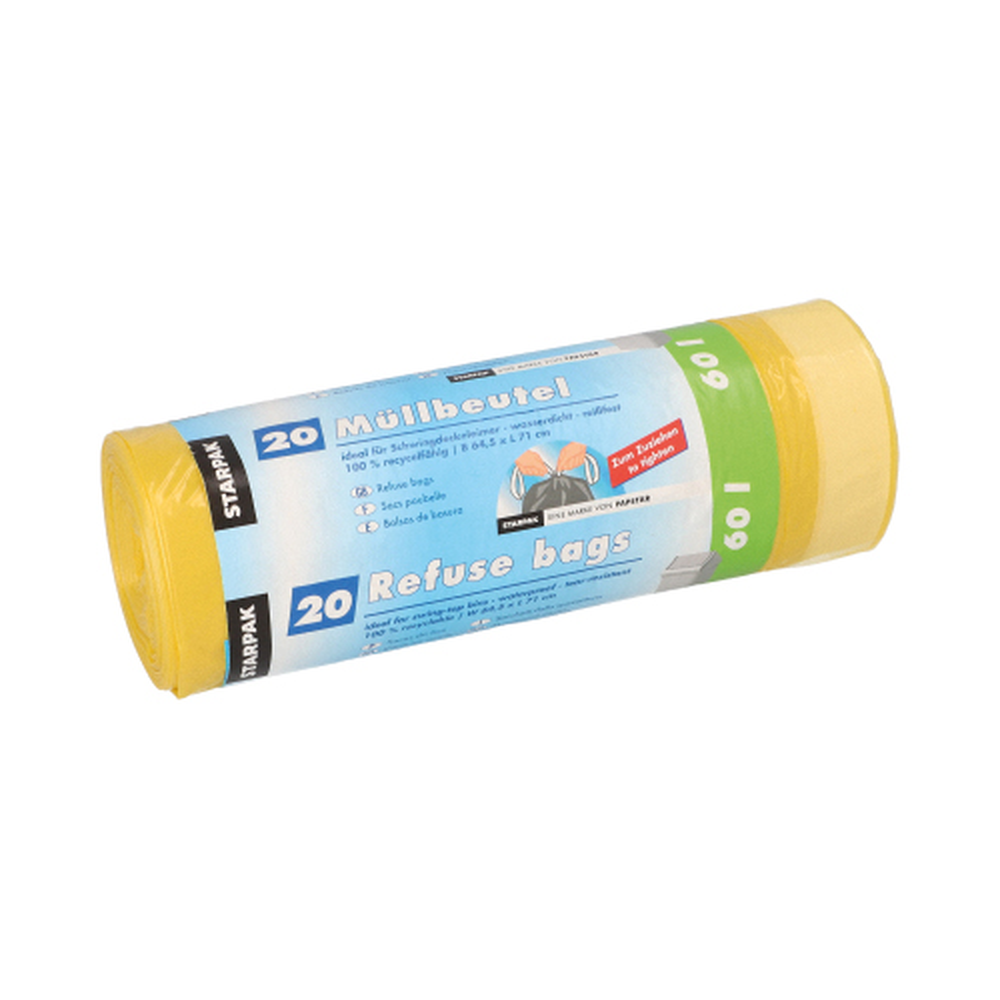 Papstar Müllbeutel mit Zugband, LDPE 60 l 71 cm x 64,5 cm gelb