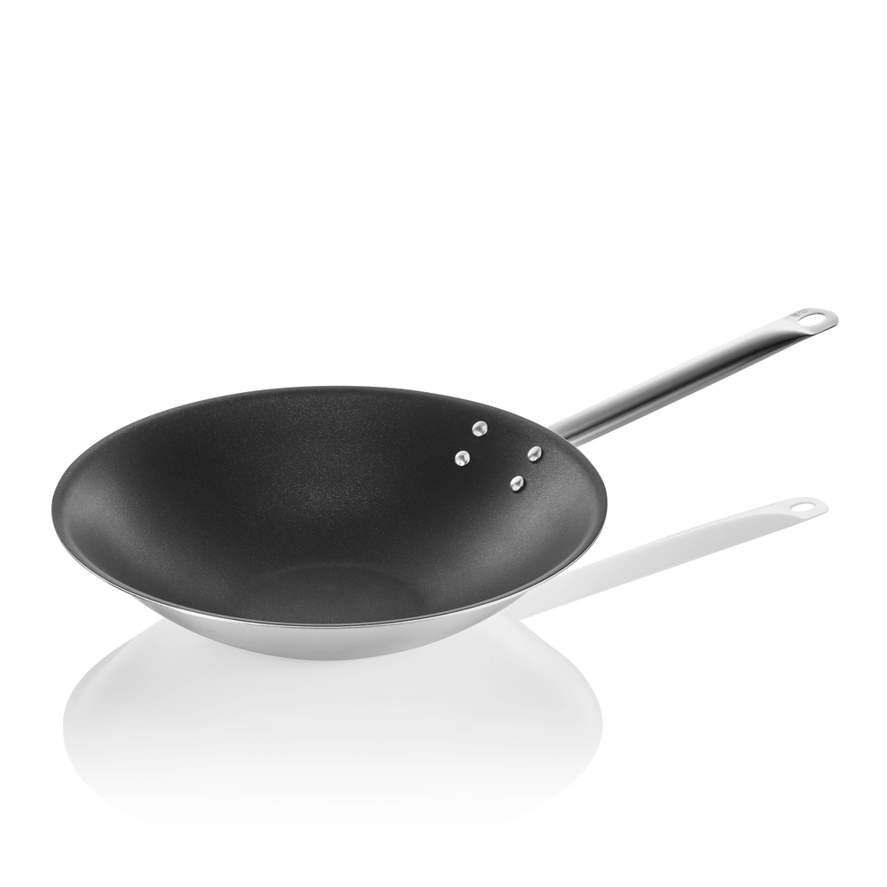 WAS Wok mit Antihaftbeschichtung und abgeflachtem Boden, Ø 38 cm, Chromnickelsta