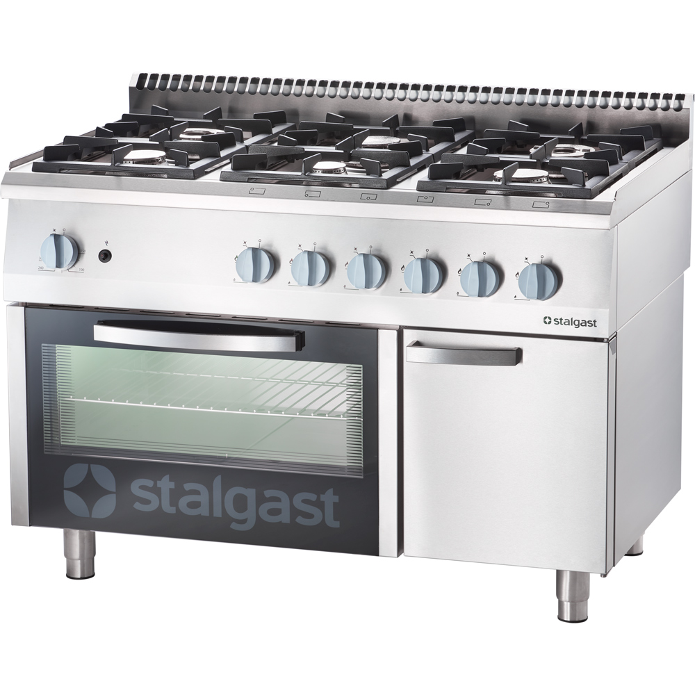 Stalgast Gasherd mit 6 Brennern (3,5+2x5+2x7+9), Gas-Backofen GN2/1 und Untersch