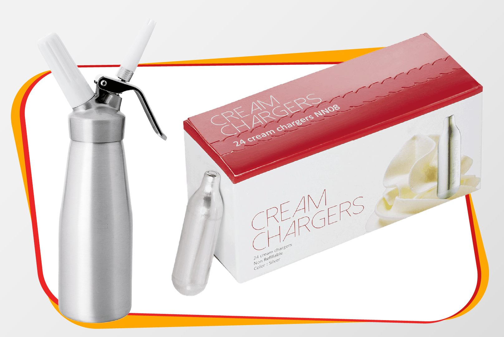 Siphon, Cream Charger, Stahlzylinder, Gasdruckspender, Packung Ladegeräte