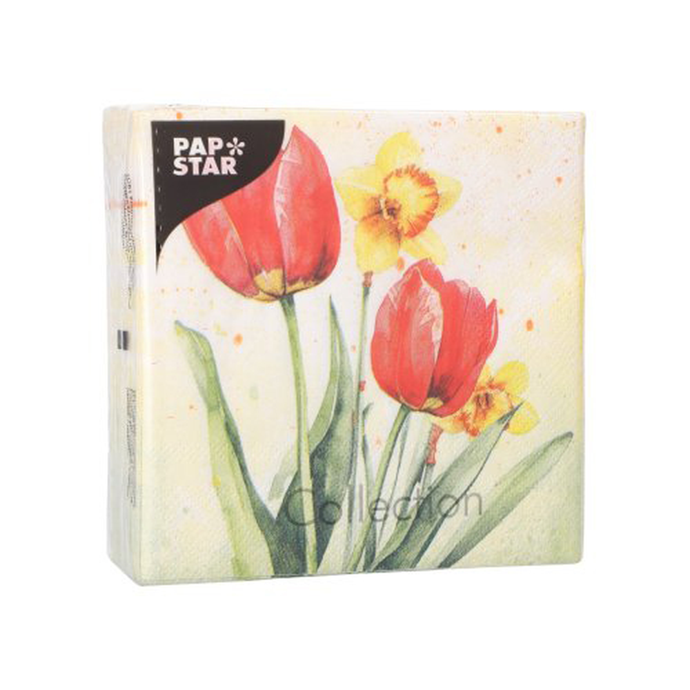 Papstar Servietten, 3-lagig 1/4-Falz 25 cm x 25 cm "Tulips & Daffodils"