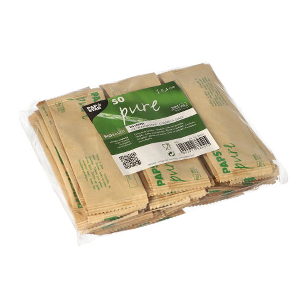 Papstar Eislöffel, Holz "pure" 9,4 cm einzeln verpackt in Papierbeutel