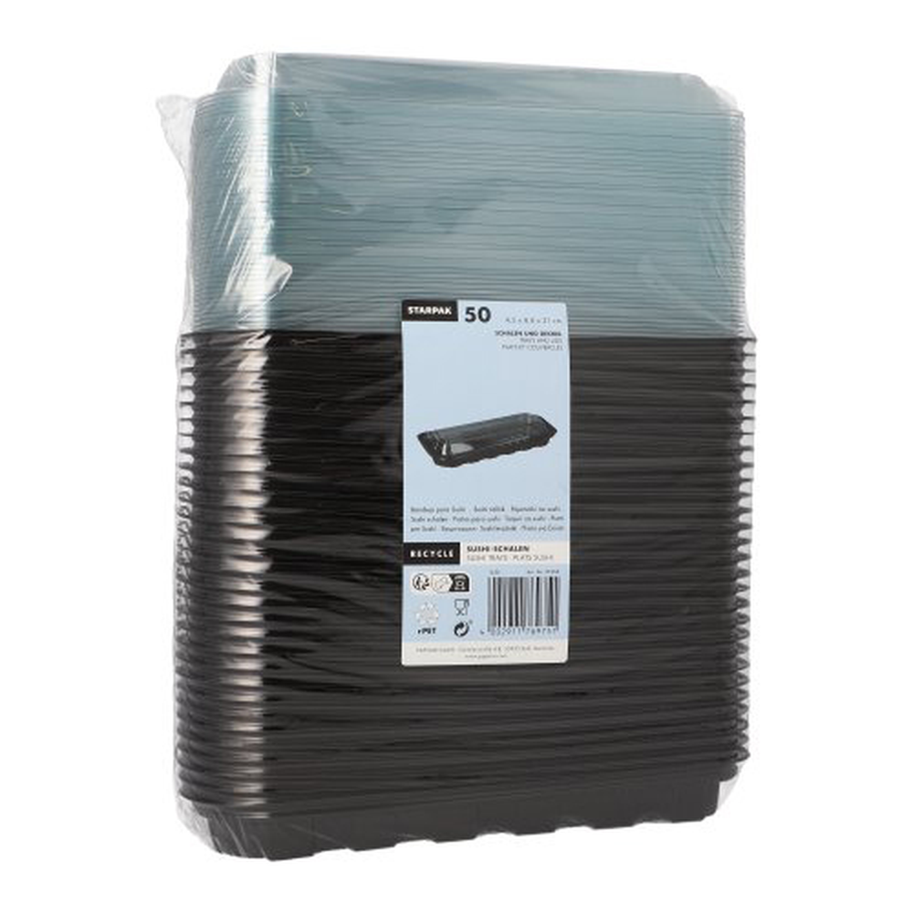 PAPSTAR Sushi-Schalen R-PET rechteckig 21 cm x 8,8 cm x 4,3 cm schwarz mit tr