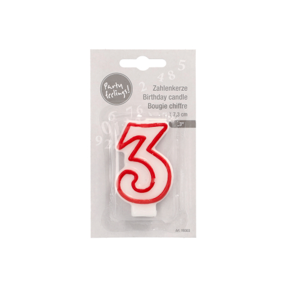 Papstar Zahlenkerze 7,3 cm weiss "3" mit rotem Rand