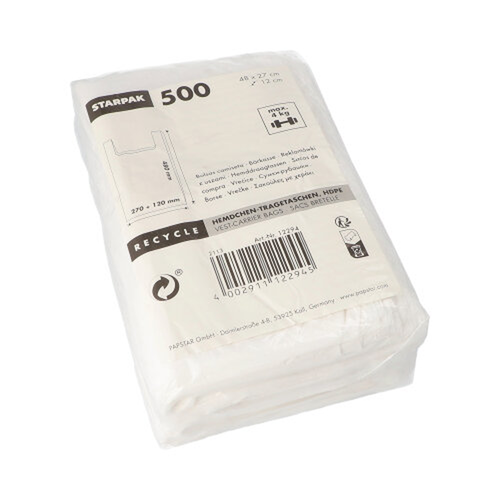 Papstar Hemdchen-Tragetaschen, HDPE 48 cm x 27 cm x 12 cm weiss