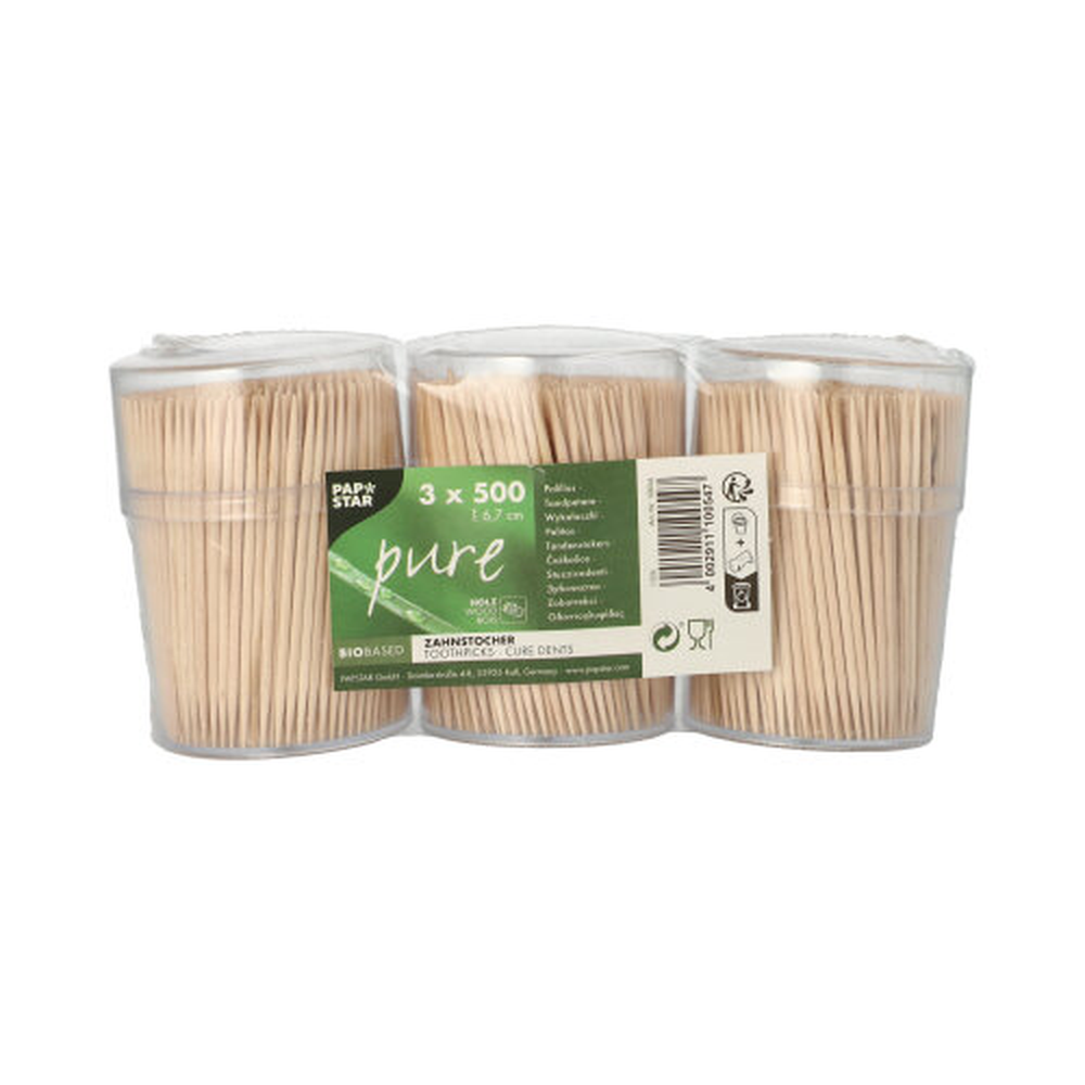 Papstar Zahnstocher, Holz "pure" rund 6,7 cm im Spender