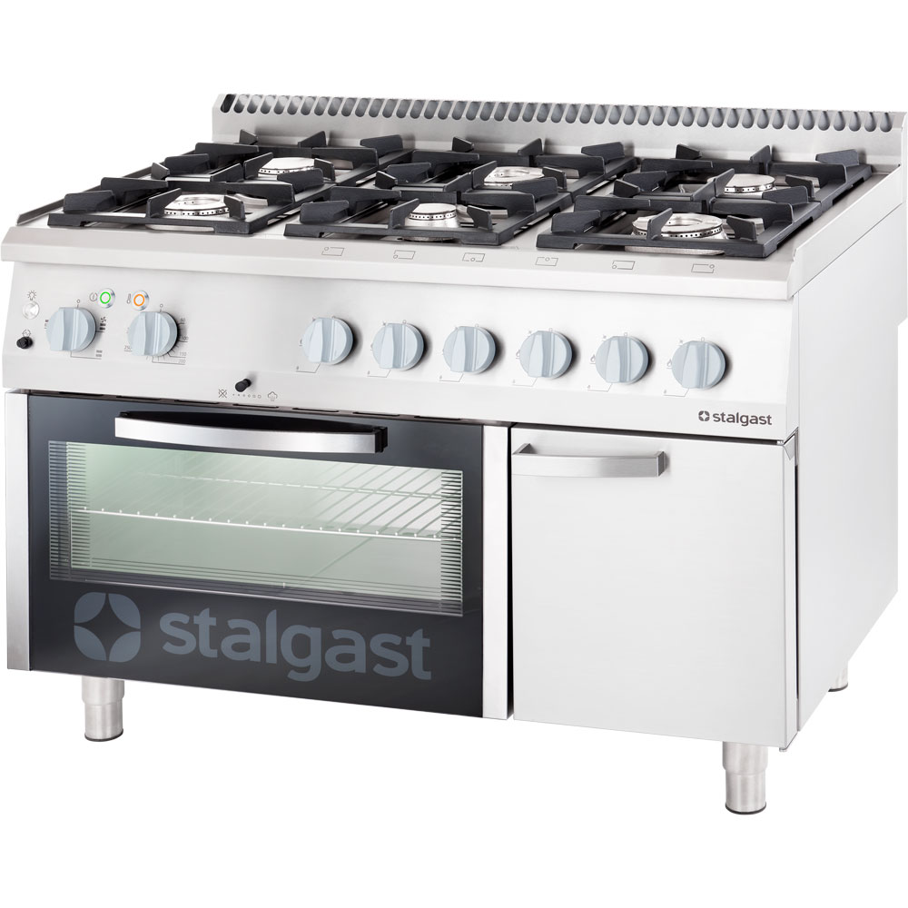 Stalgast Gasherd mit 6 Brennern (3,5+2x5+2x7+9), Elektro-Umluft-Backofen GN1/1 u