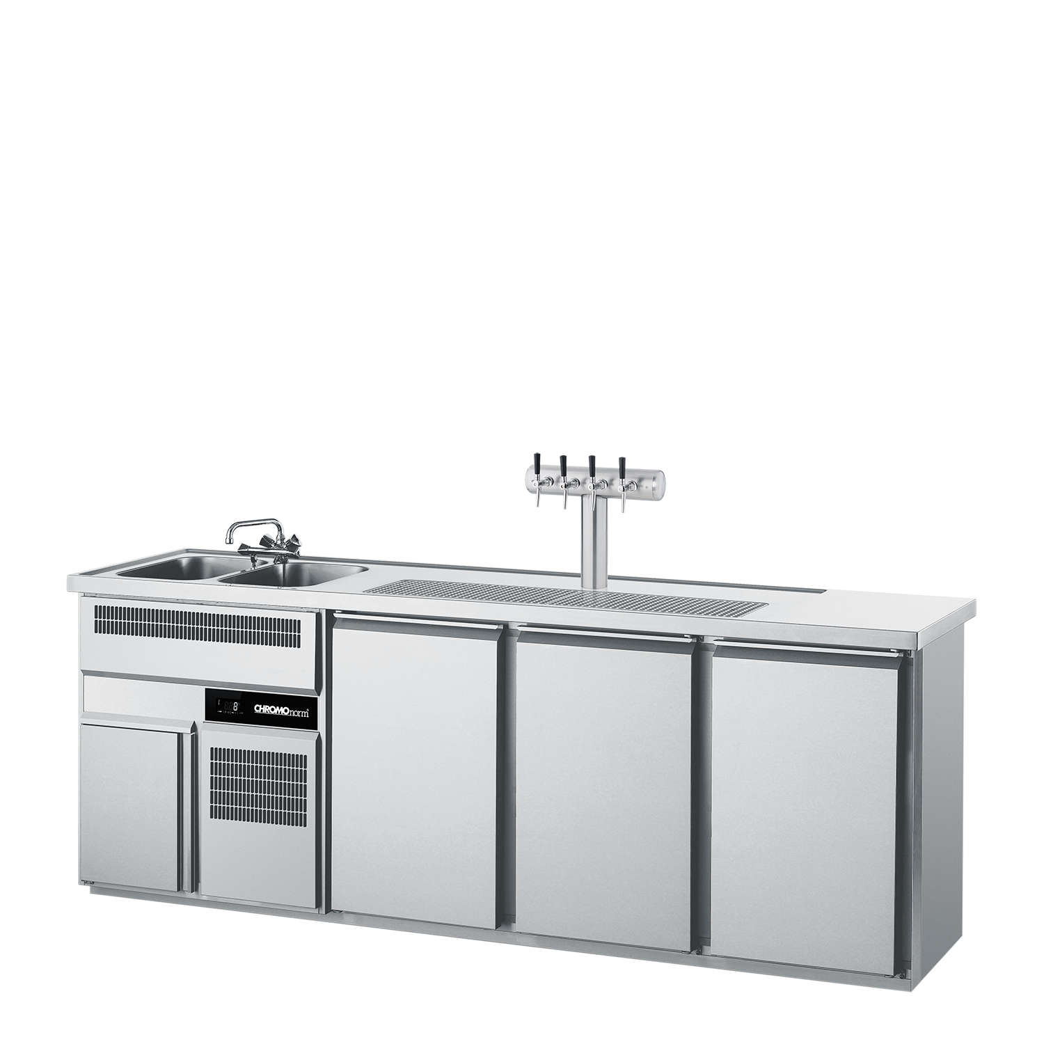 Chromonorm Getränketheke GN 1/1, 2 Becken links, 3 Türen - 2500x700x980 mm