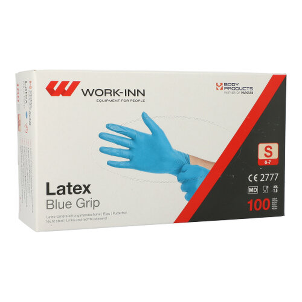 Papstar "WORK-INN" Handschuhe, Latex puderfrei blau "Blue Grip" Größe: S