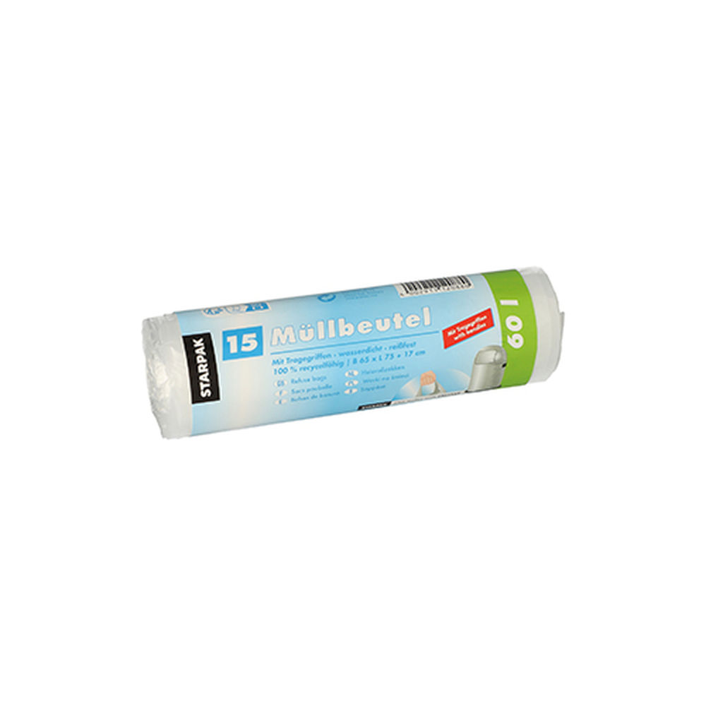 Papstar Müllbeutel mit Tragegriffen, HDPE 60 l 75 cm x 65 cm transparent