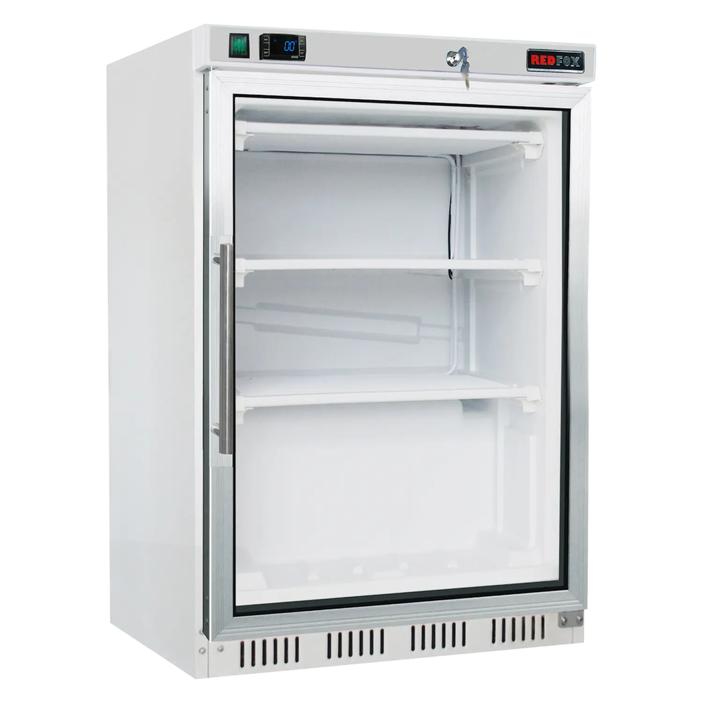 RM Gastro Gefrierschrank 130 l Glastür Türen 3x Gitterrost, weiß / REDFOX - HF 2